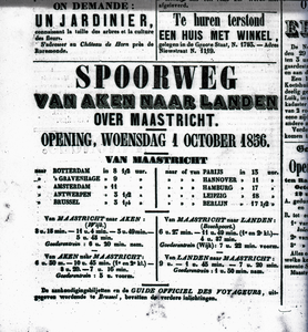 804200 Afbeelding van een in een krant gepubliceerde dienstregeling voor de treinen tussen Aken en Maastricht en ...